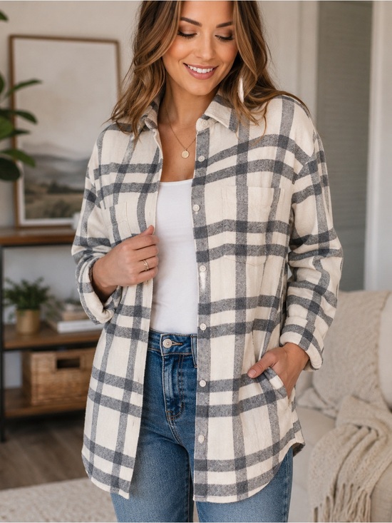 Altar'd State Tops - Altar’d State Women’s XL Cream Gray Plaid Flannel Button Down Shirt Oversized